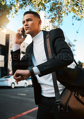 Buy stock photo Business man, phone call and city with a watch, talking or contact with connection, check time or deadline. Entrepreneur, appointment or professional with smartphone, commute or late for an interview