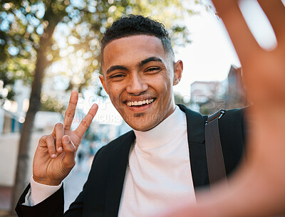 Buy stock photo Selfie, business and portrait of happy man with peace sign in city for social media, profile picture or post. Travel, professional and face of male worker with hand gesture for career, job or success