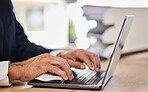 Hands, laptop and business man typing email, planning research and online report at office desk. Closeup, corporate employee working on computer, digital software and network connection in company
