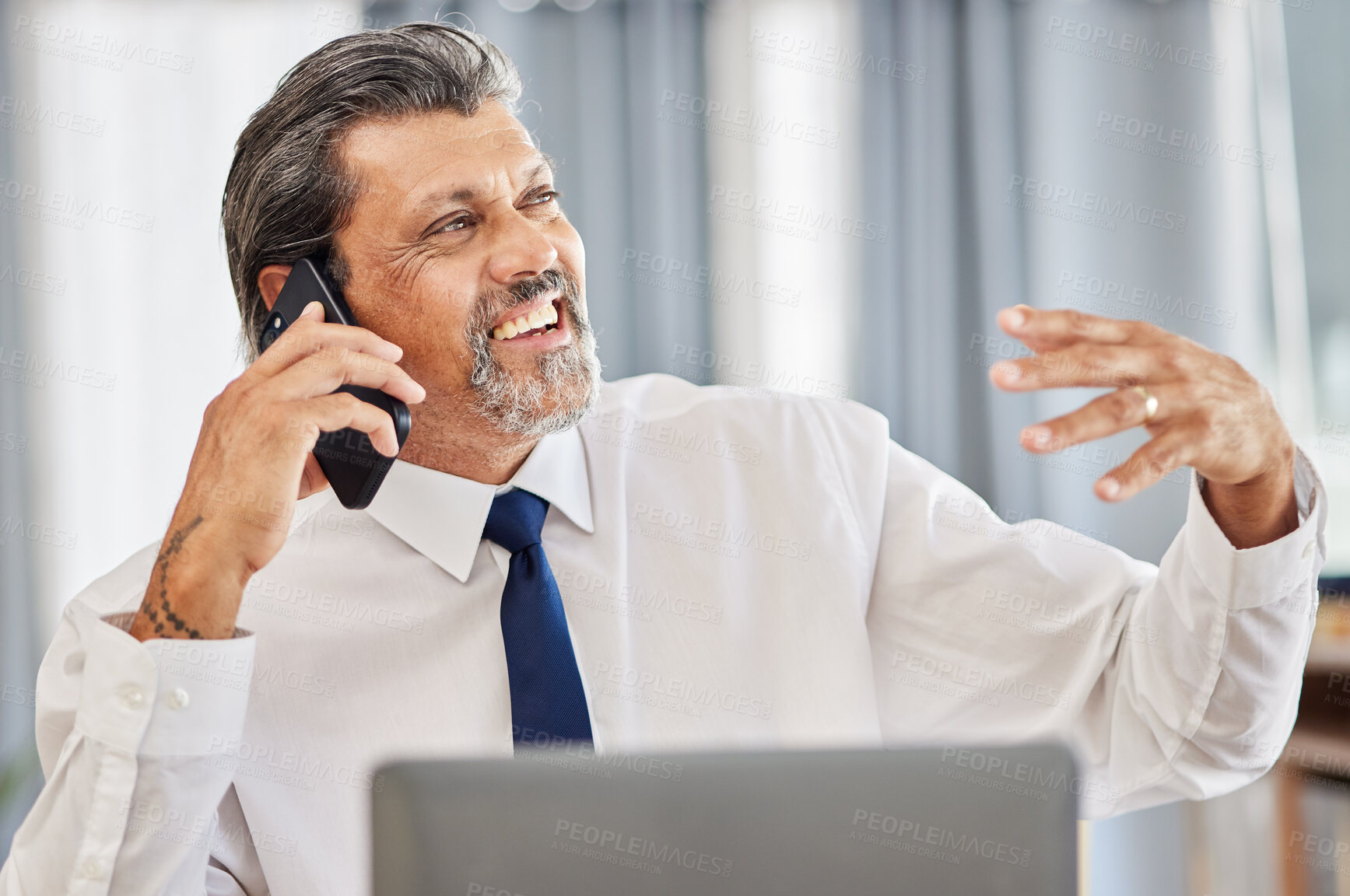 Buy stock photo Phone call, happy man and senior manager networking in office at law firm, consulting on legal advice and communication. Cellphone, smile and businessman, attorney or lawyer in advisory conversation.