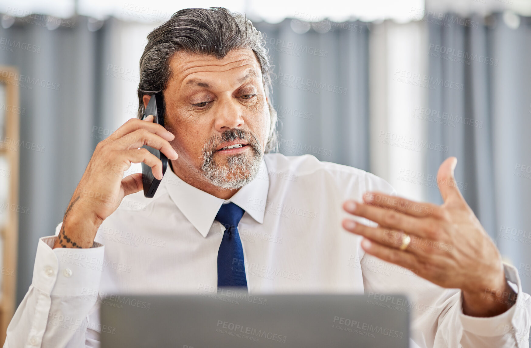 Buy stock photo Phone call, man and senior manager in discussion at law firm, consulting on legal advice and communication. Cellphone, smile and businessman, attorney or lawyer in advisory conversation at office.