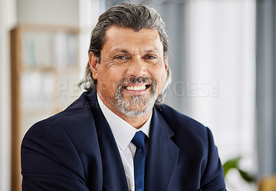 Buy stock photo Smile, portrait and senior manager man with confidence at law firm, lawyer in office and leader in government. Judge, attorney or happy businessman with pride, management and professional experience.