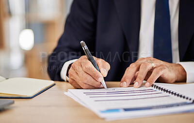 Buy stock photo Divorce contract, hand signature and person sign legal paperwork, documents or closeup agreement statement. Writing, reading print or lawyer review compliance to marriage breakup, rules or family law