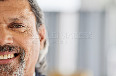 Buy stock photo Closeup, senior man and happy portrait in office for professional mockup of businessman with mindset for success. Face, smile and person with happiness, focus and thinking of goals for the future