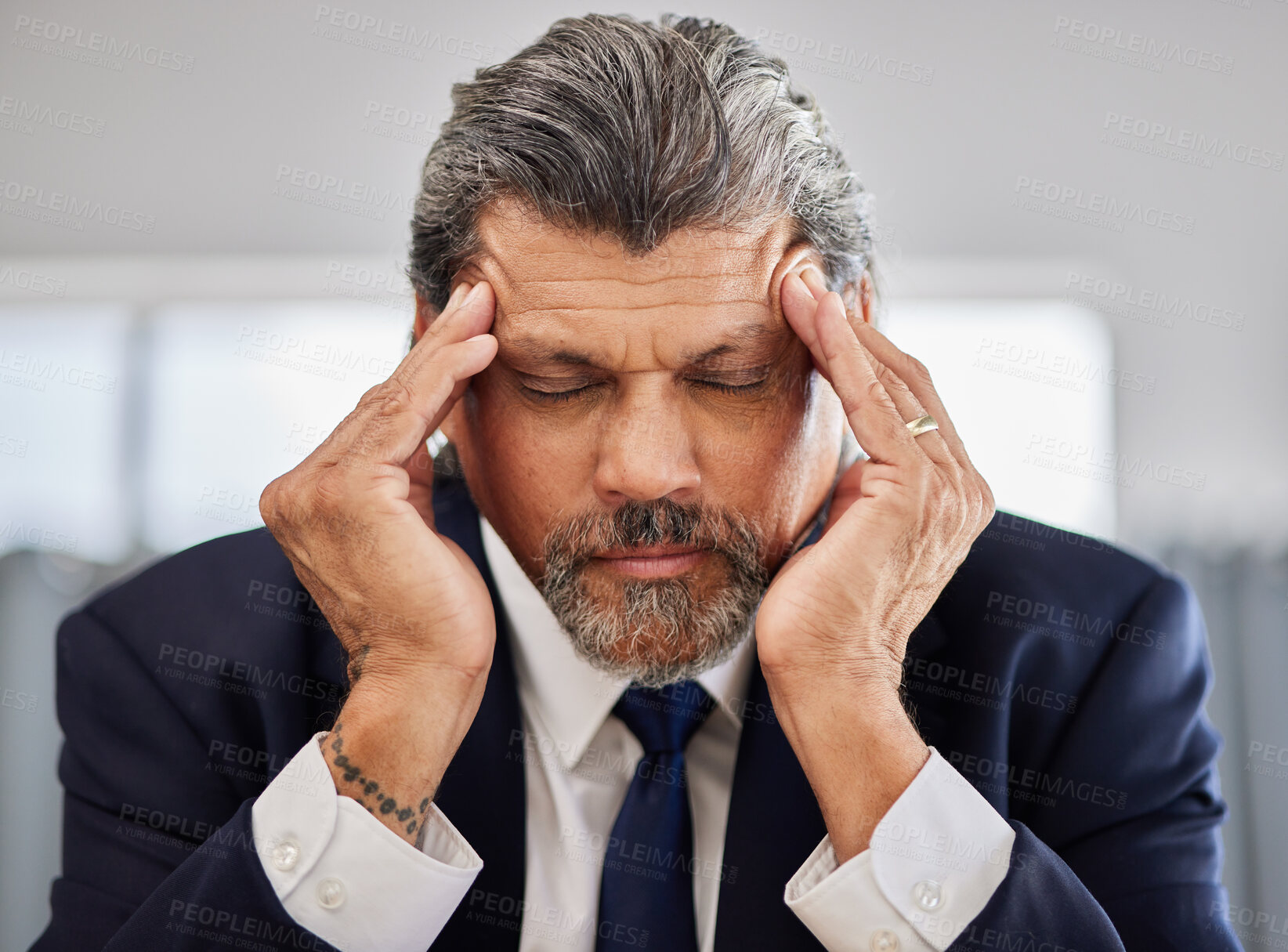 Buy stock photo Senior business man face, problem and headache over corporate mistake, company fail and sad CEO tired in office. Mental health anxiety, migraine pain and senior person burnout, fatigue or depressed