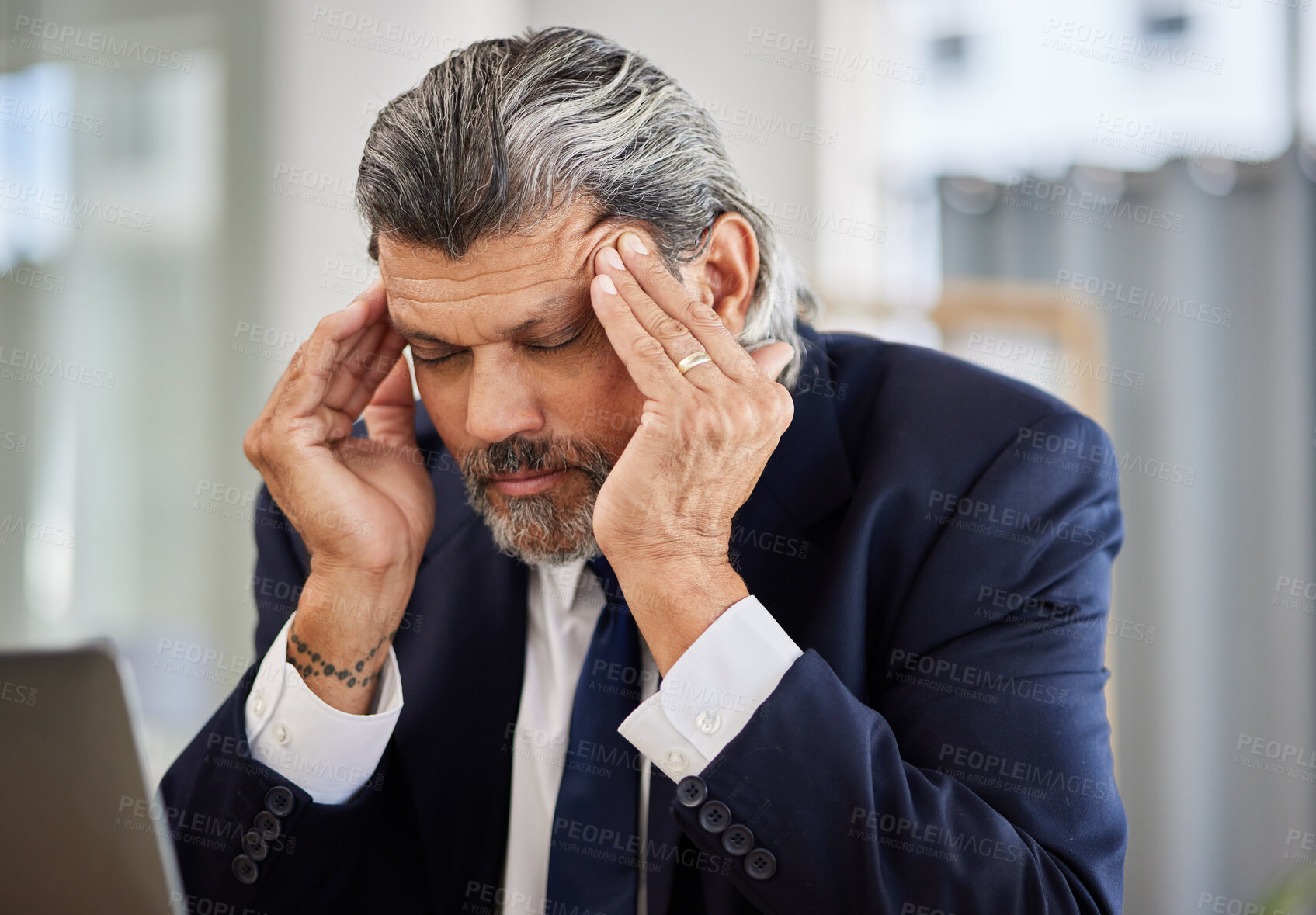 Buy stock photo Headache, mental health and senior corporate man depressed, anxiety and stress over mistake, bankruptcy or PC fail. Executive crisis, migraine pain and senior person burnout, tired or overwhelmed