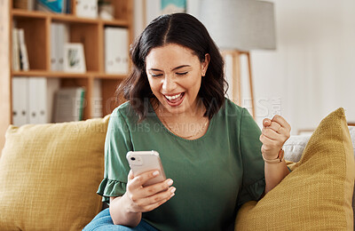 Buy stock photo Phone, win and celebration, happy woman on sofa with notification on bonus, deal or discount offer online. Wow, social media and girl on couch with smile, cellphone and excited for surprise in home.