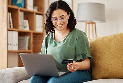 Buy stock photo Online shopping, laptop and credit card, woman on sofa in living room for internet banking app in home with tech. Ecommerce payment, smile and cashback, girl at computer browsing retail website sale.