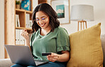 Winning, laptop and credit card, happy woman on sofa in living room for internet banking in home. Ecommerce payment, smile and cashback, girl at computer browsing retail website for online shopping.