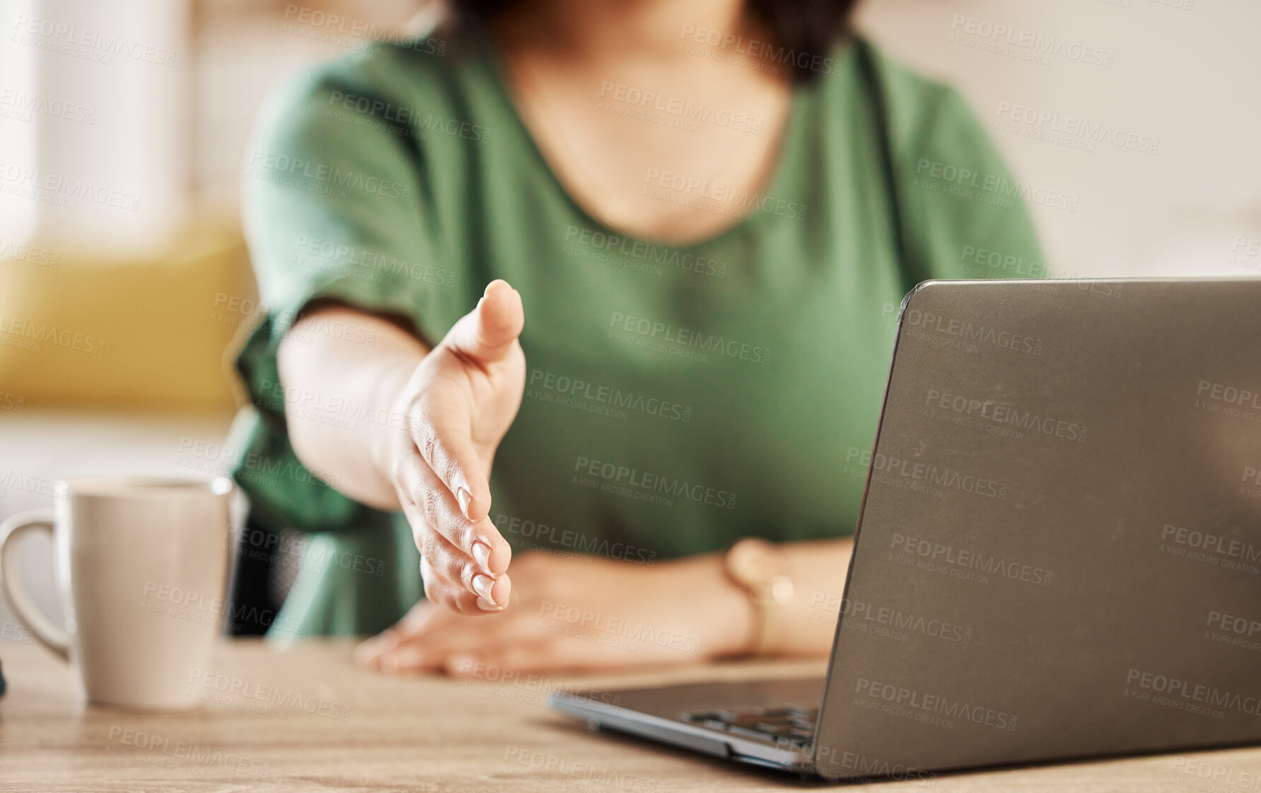 Buy stock photo Handshake, remote work and person hand with laptop, greeting and welcome in a home. House, computer and shaking hands gesture for deal, agreement and thank you for online job and introduction at desk