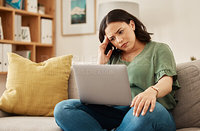 Buy stock photo Remote work, stress and woman with laptop, headache and burnout on sofa, frustrated and annoyed at home. Freelance, glitch and lady online with anxiety from 404, internet or tax crisis in living room