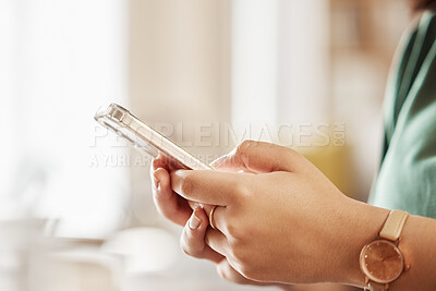 Buy stock photo Woman, hands and typing with phone in home, reading social media notification or online contact. Closeup of female person, smartphone and app user download mobile games, search digital network or web