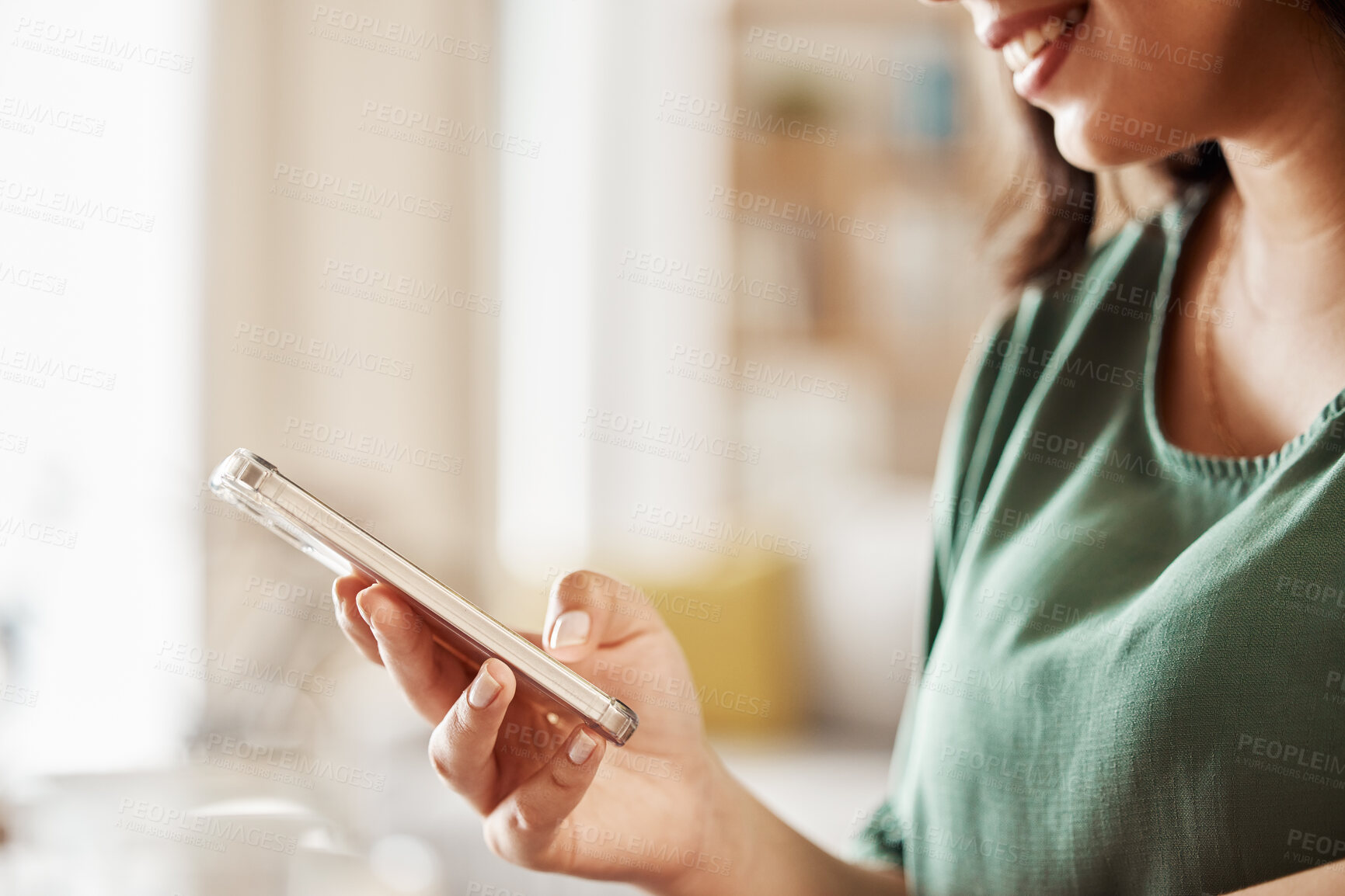 Buy stock photo Woman, hands and typing with phone on social media, reading notification and online networking. Closeup of female person, smartphone and app user download mobile games, search digital tech or contact