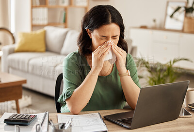 Buy stock photo Laptop, remote work and sick woman in home office with flu, cold or viral infection in her house. Freelance, sneeze and lady online with allergy, virus or burnout, sinusitis or hayfever while typing