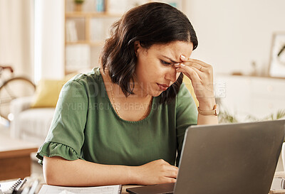 Buy stock photo Woman, home and headache with laptop glitch and remote work stress feeling frustrated from tech. House, person and confused from computer problem with anxiety from online website project at a desk