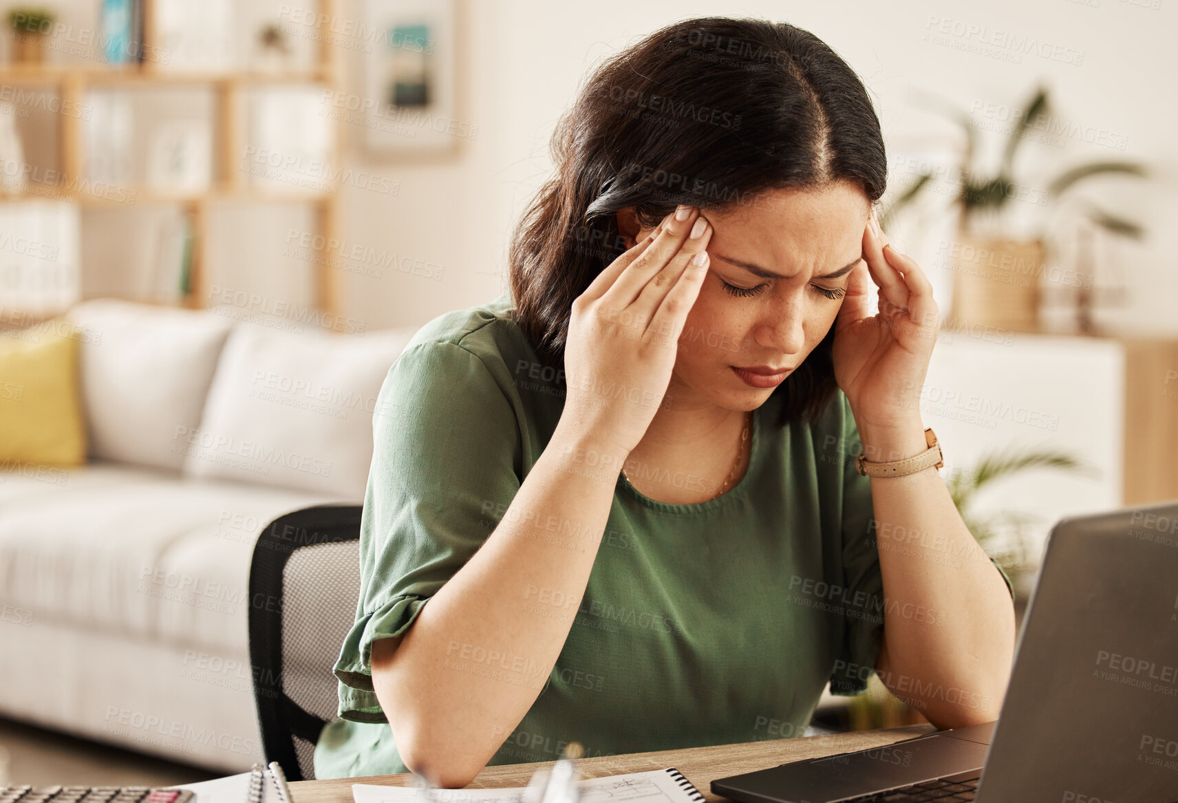 Buy stock photo Woman, burnout and headache with laptop and remote work stress at a desk feeling frustrated. House, female person and confused from computer problem with learning anxiety from online website project