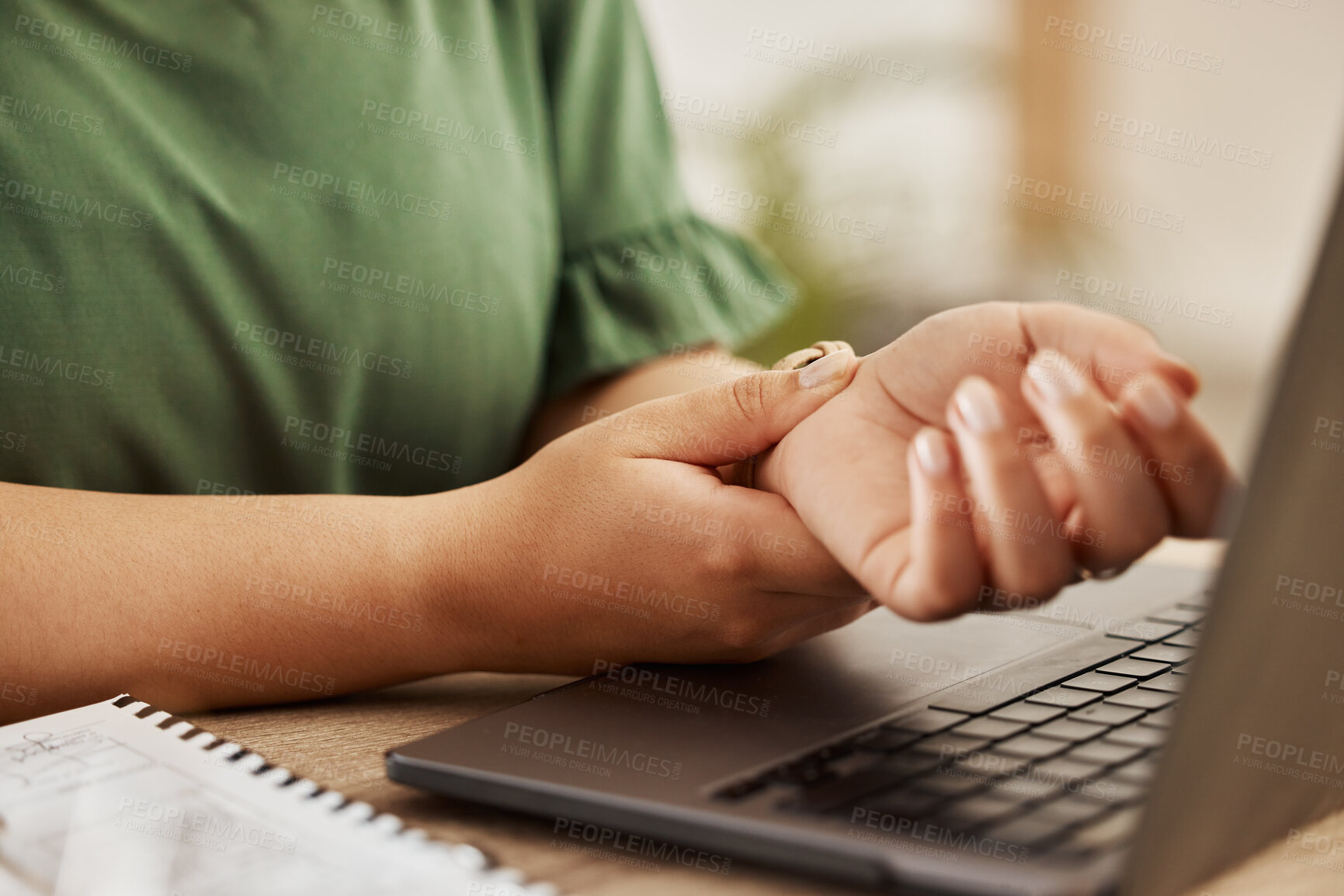 Buy stock photo Closeup, laptop and woman with wrist pain, injury and overworked by desk, sprain hand or joint. Female person, entrepreneur or freelancer with a pc, carpal tunnel syndrome or ache with muscle tension