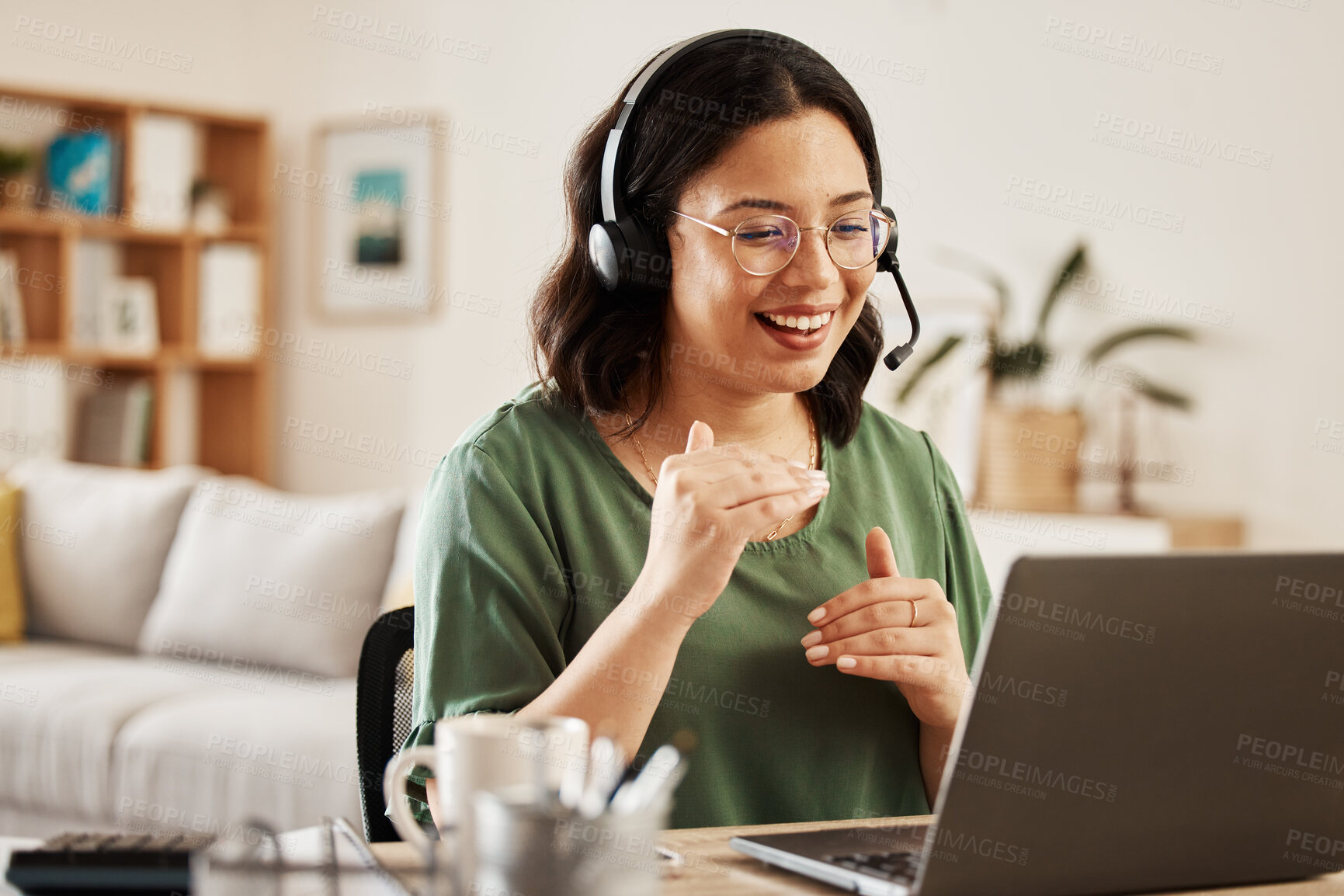 Buy stock photo Home customer support, laptop video call and happy woman explain insurance service, telecom or sales in webinar. Freelance remote work, online conference or person consulting on networking connection