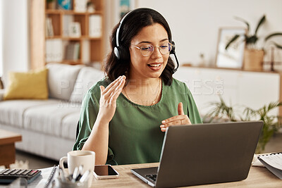 Buy stock photo Home customer support, laptop video call and woman explain consultation, ecommerce or sales pitch in webinar. Freelance, remote work receptionist or person consulting on online conference discussion