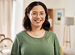 Happy, home and portrait of relax woman with eye care glasses, lens frame or smile for weekend free time. Happiness, eyeglasses and face of young person in apartment living room with positive mindset