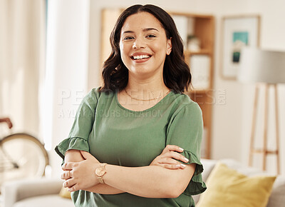 Buy stock photo Portrait, smile and woman in home with arms crossed, relax in good mood and me time in Colombia. Face of happy young female person in living room with confidence, freedom and enjoy break in apartment