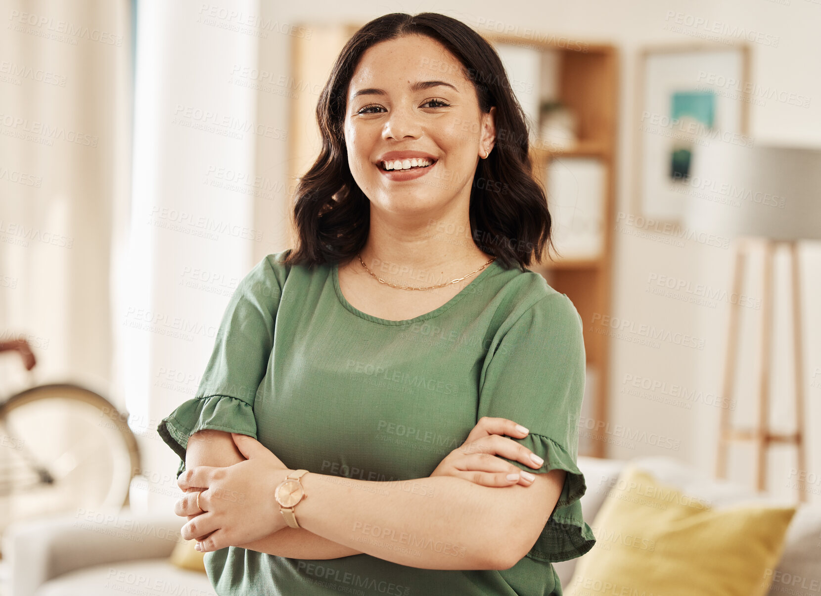 Buy stock photo Portrait, smile and woman in home with arms crossed, relax in good mood and me time in Colombia. Face of happy young female person in living room with confidence, freedom and enjoy break in apartment