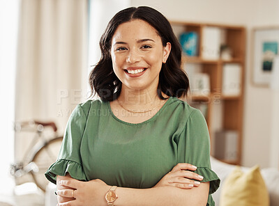 Buy stock photo Happy, smile and portrait of woman with her arms crossed in the living room for confidence at home. Happiness, face and headshot of young female person standing in the lounge of her modern apartment.