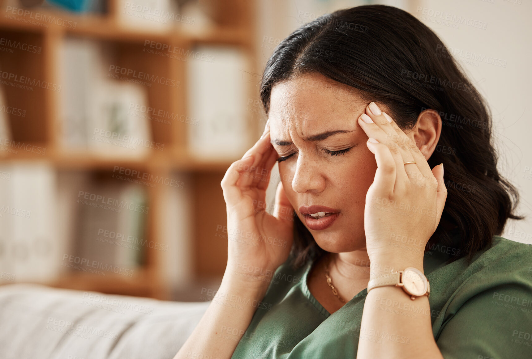 Buy stock photo Stress, headache and woman on a sofa with vertigo, brain fog or burnout in her home. Migraine, anxiety and female in a living room with problem fail or crisis, fatigue or mental health problem 