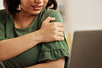 Hands, shoulder pain and woman in office, laptop or stress injury for burnout, emergency or health problem. Social media editor, arthritis or osteoporosis with fatigue, tired or accident in workplace