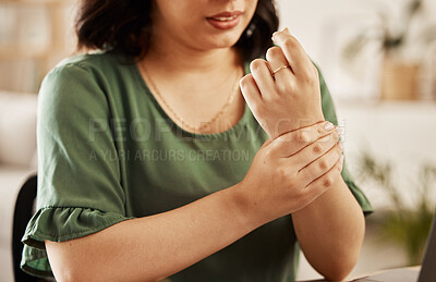 Buy stock photo Wrist pain, hands and hurt woman with anatomy injury, osteoarthritis or muscle joint in home living room. Closeup, carpal tunnel or person with bad arthritis risk, emergency fracture or bruise