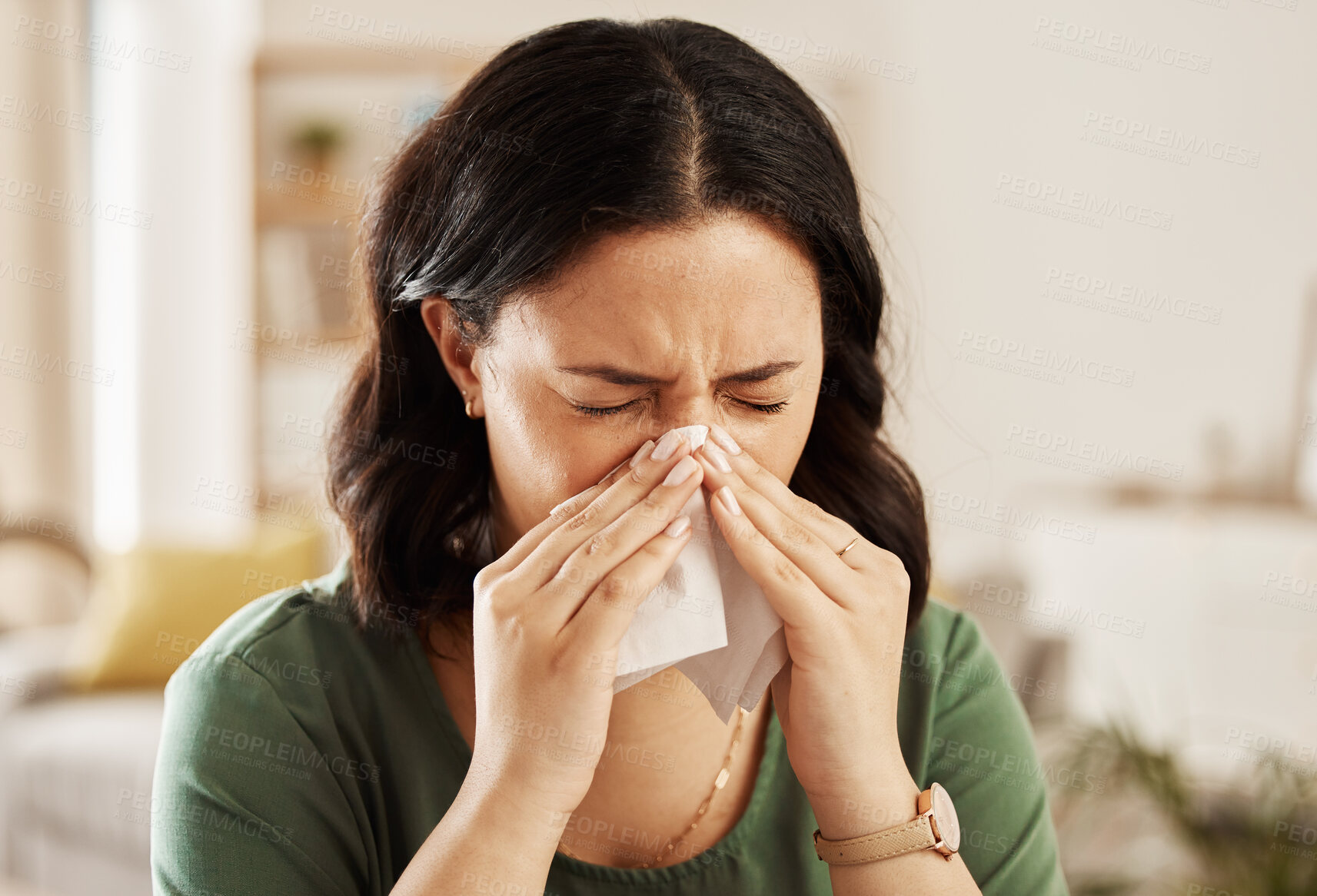 Buy stock photo Tissue, nose and sick woman sneezing on a sofa with allergy, cold or flu in her home. Hay fever, allergy and female with viral infection, problem or health crisis in a living room with congestion 