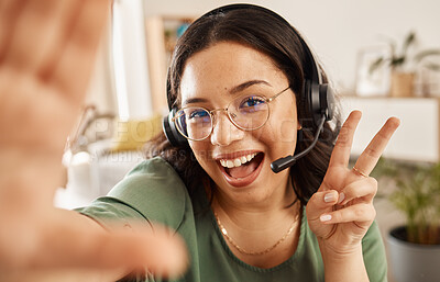 Buy stock photo Woman, call center and selfie with smile, peace sign and post with work from home office, headphones and mic. Influencer girl, telemarketing agent or crm for memory, social media or profile picture