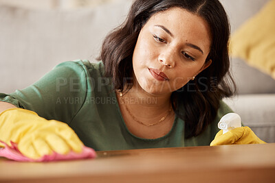 Buy stock photo Home, dust and woman cleaning, cloth and housekeeping with, bacteria, disinfection and hygiene. Female person, cleaner and lady wiping the table, chores and apartment with tidy household and service