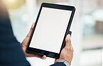 Tablet screen, hands and person with an app at work for communication, social media or contact. Closeup, corporate and an employee with technology for business, networking or email check at an office