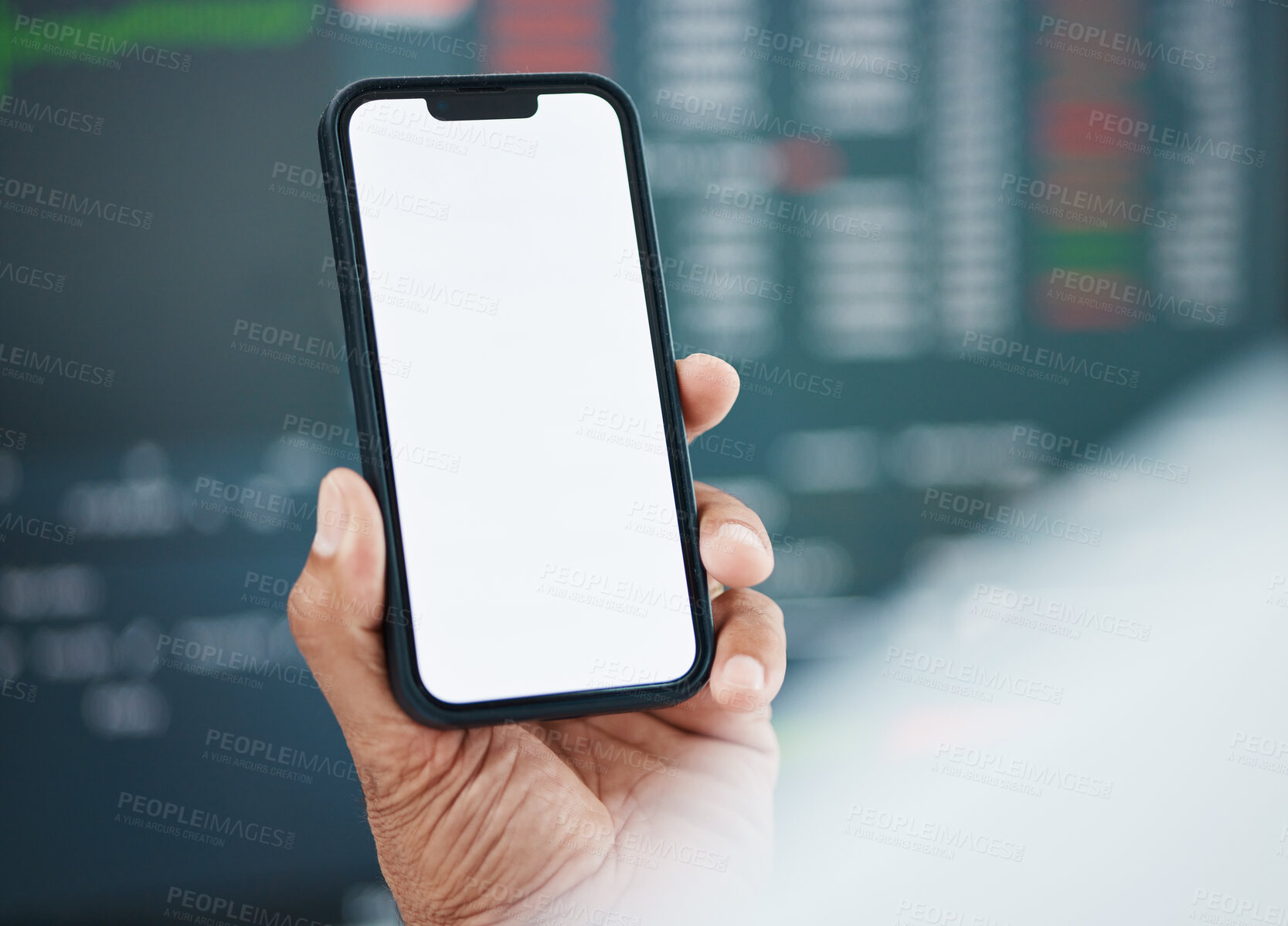 Buy stock photo Mockup phone screen, person hands and stock exchange article, financial economy review or IPO launch news. Closeup cellphone UI, investment review or broker reading finance numbers, revenue or profit