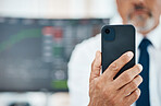 Cellphone, hands and business man trading crypto, NFT or invest in stock market exchange, IPO or fintech company. Closeup phone mockup, economy news and male trader reading financial accounting info 