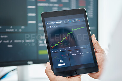 Buy stock photo Tablet, stock market and trading with hands of man in office for investment graph, cryptocurrency and finance. Digital, technology and research with closeup of person for economy, analytics or profit