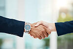 Closeup, business and handshake with agreement, deal and contract with partnership, collaboration or greeting. Zoom, staff or shaking hands with cooperation, job interview or hiring with recruitment 