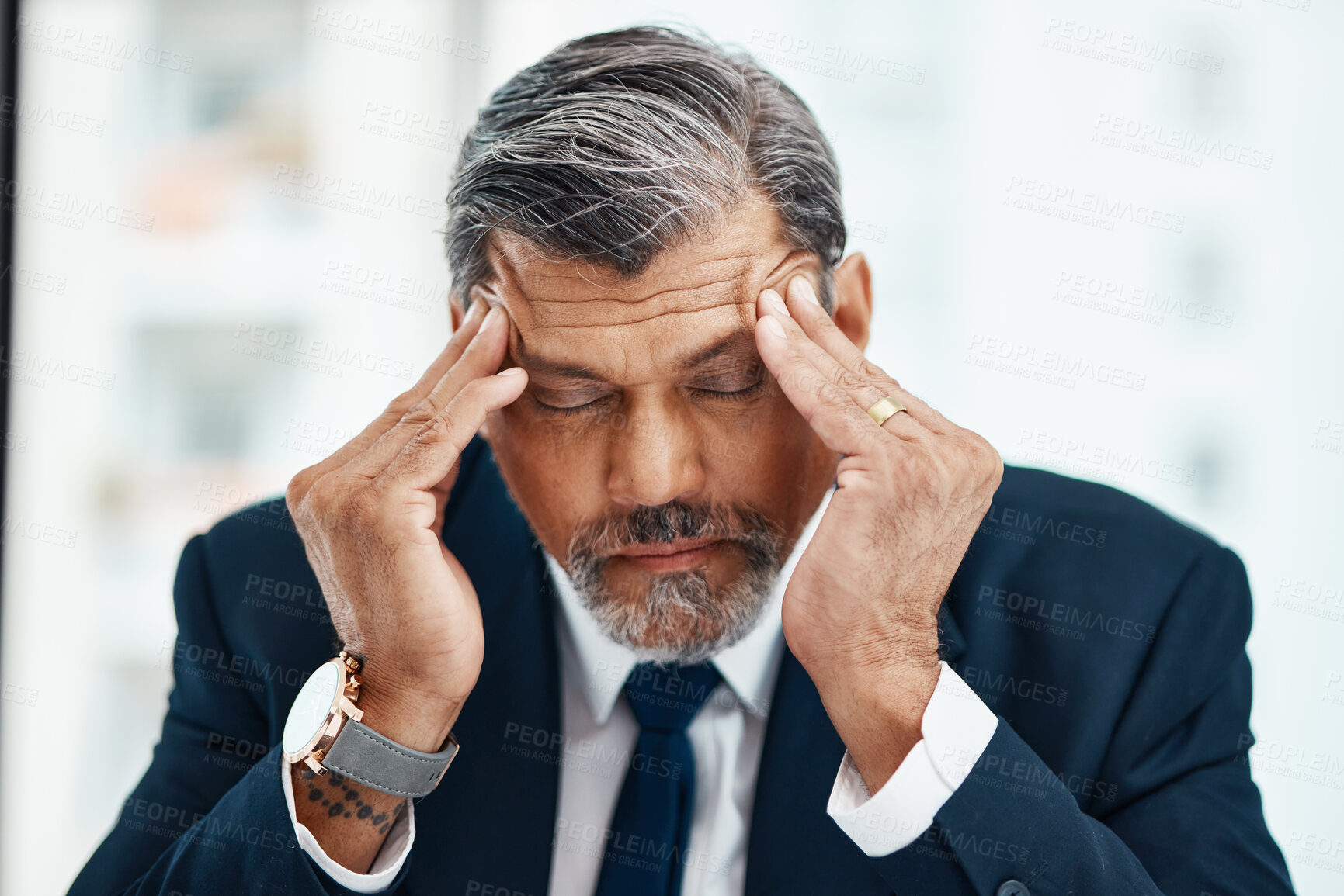 Buy stock photo Headache, professional and senior man with burnout  with crises or corporate mistake in office. Senior male person, migraine and management with stress or depression and pain or fatigue at workplace.