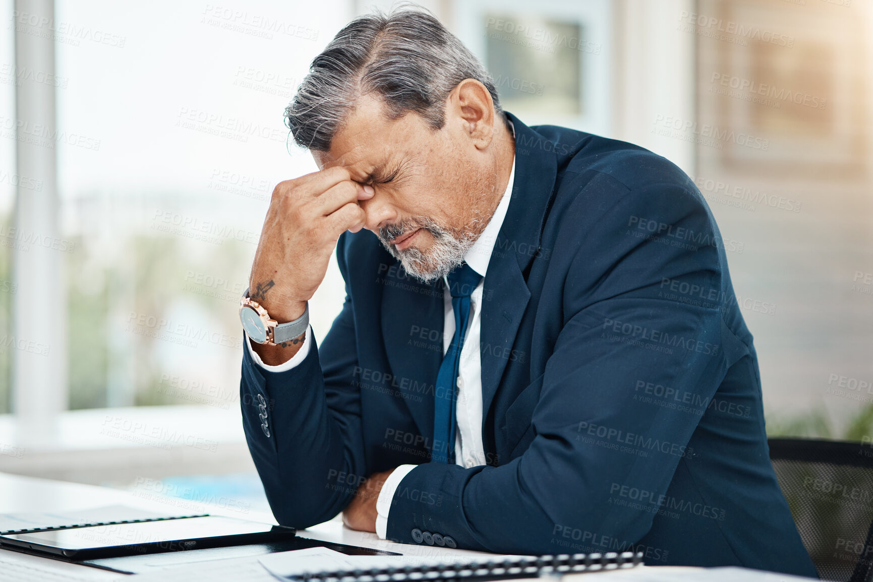 Buy stock photo Headache, stress and business man in office for financial report, mistake or problem and career crisis with documents. Pain, frustrated or fatigue of executive, CEO or person for accounting or taxes