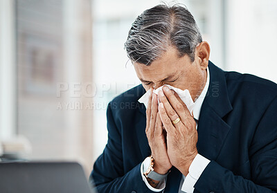 Buy stock photo Sick, mature man and blowing nose in office with allergy, covid or virus in business company. Tissue paper, professional or manager with allergies for health problem, cold fever or bacteria in winter