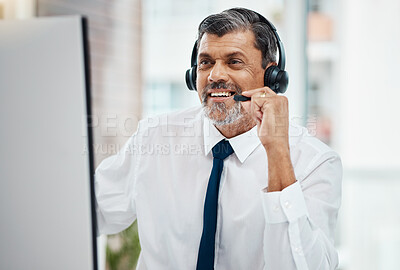 Buy stock photo Computer, call center and mature man listening for business, customer service and support. Smile, telemarketing and happy professional, sales agent and crm consultant working at help desk in office