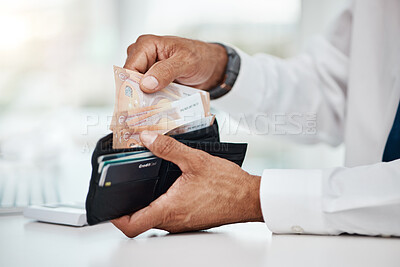 Buy stock photo Business man, hands and wallet of euros for finance, trading economy and banking budget. Closeup, rich trader and financial profit of money, income or bonus bills, cash savings or accounting payment