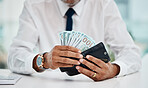 Business man, hands and wallet of money for finance, trading economy and banking budget. Closeup, rich trader and financial growth of salary, income or bonus bills, cash savings or accounting payment