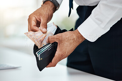 Buy stock photo Businessman, hands and money wallet of euros for finance, trading economy and banking budget. Closeup of rich trader, financial profit and income for bonus bills, cash savings and accounting payment