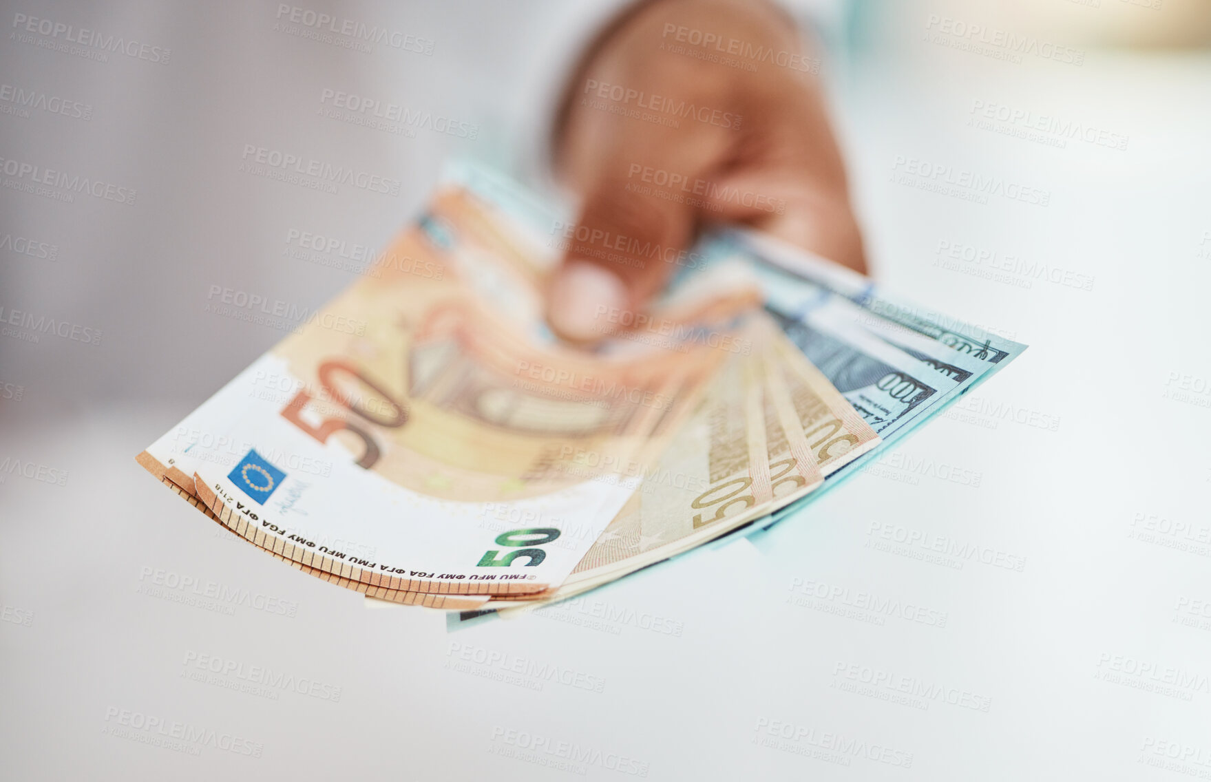 Buy stock photo Person, hands and money fan of bills, finance and banking for exchange, budget and financial freedom. Closeup of rich investor, profit and income of bonus, cash savings and wealth of accounting notes