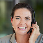 Portrait, call center and woman with telemarketing, smile and crm with customer service, business and headphones. Face, female person and consultant with happiness, headset and tech support with help