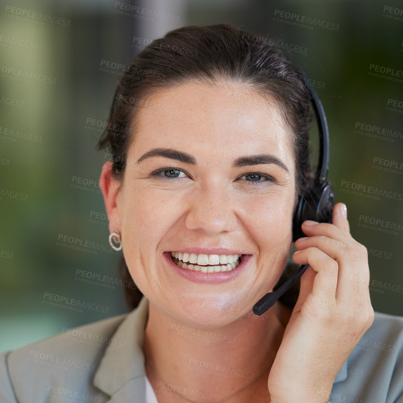 Buy stock photo Portrait, call center and woman with telemarketing, smile and crm with customer service, business and headphones. Face, female person and consultant with happiness, headset and tech support with help