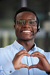 Customer support, portrait or happy black man with heart hands sign for call center care, help desk consultation or service. Networking person, face or African consultant with kindness, love or smile