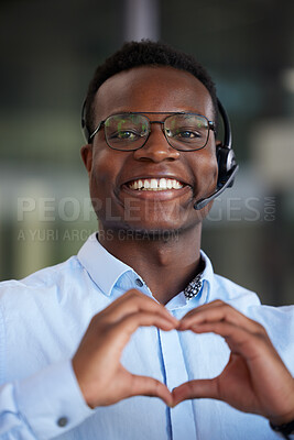 Buy stock photo Customer support, portrait or happy black man with heart hands sign for call center care, help desk consultation or service. Networking person, face or African consultant with kindness, love or smile